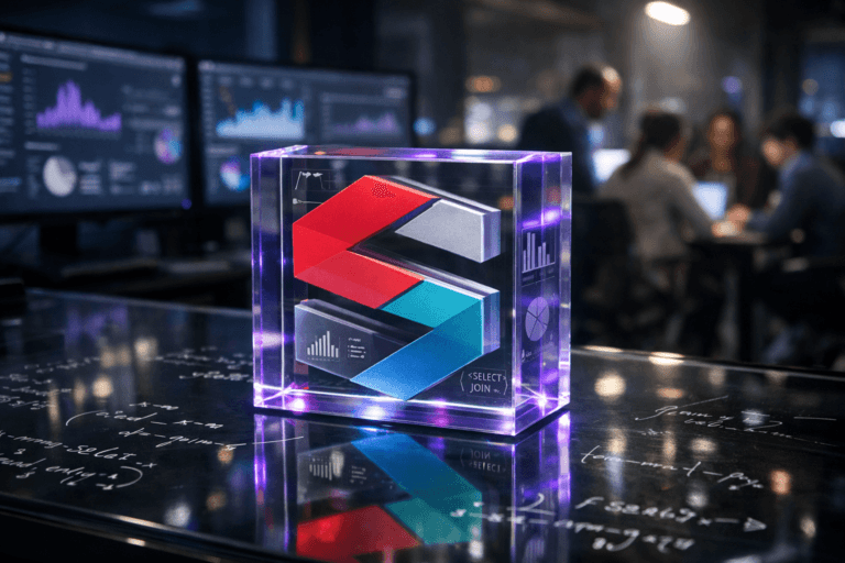 A photorealistic medium-wide cinematic shot, camera positioned approximately 1–2 meters from the subject, capturing a solid 3D isometric acrylic sculpture of the official Apache Superset logo resting on a sleek glass desk, the Superset logo clearly visible on the front face, subtly backlit and edged with faint electric-purple (#7B63FF) accents, with delicate etched icons of charts and SQL brackets embedded inside the block, all clearly readable within a realistic environment. The object integrates subtle electric-purple accents indicating intelligence or activity without overpowering realism. Set in a modern tech-noir data office at night, the glass desktop is covered with handwritten white-marker mathematical formulas and SQL snippets on its surface, reflections of neon city lights and monitor glow playing across the glass; in the softly blurred background, multiple ultrawide monitors display indistinct Apache Superset dashboards and data visualizations, while a small, diverse group of data professionals collaborate around nearby workstations, naturally posed and secondary to the logo sculpture. Lighting is low-key and practical, coming from monitor screens, a distant window, and a single soft white spotlight from above and slightly to the side, gently revealing the logo block’s form, texture, and depth on the glass surface and emphasizing subtle reflections and refractions. Cinematic realism, 35–50mm photographic look, natural shallow-to-medium depth of field, neutral corporate tones with restrained electric-purple neon accents, premium materials, ultra-detailed, 8K, no captions, no text overlays, no watermarks.