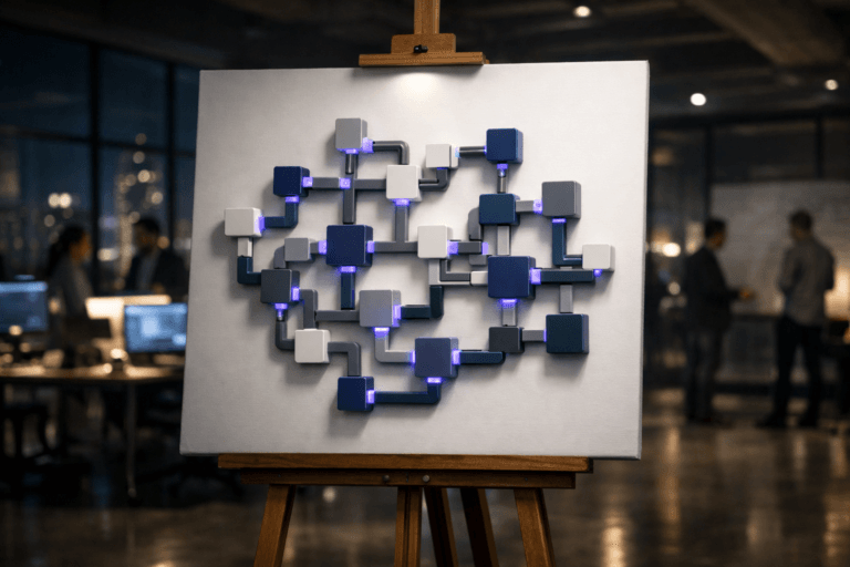 A photorealistic medium-wide cinematic shot, camera positioned approximately 1–2 meters from the subject, capturing a large white painter’s canvas on a wooden studio easel as the hero object, the canvas covered with a precise arrangement of interlocking, glossy modular connectors in muted corporate colors, physically mounted to form an elegant three-dimensional network diagram symbolizing the API Economy, clearly readable within a realistic environment. The object integrates subtle electric-purple (#7B63FF) accents glowing softly along connector edges and junction points, indicating intelligence or data flow without overpowering realism. Set in a dimly lit, high-end fintech innovation lab at night, with floor-to-ceiling windows revealing a soft-focus city skyline, glass walls, polished concrete floors, and minimalist workstations with glowing monitors; a small, diverse group of professionals is visible in the background and periphery, naturally posed and slightly out of focus as they collaborate around screens and whiteboards. Lighting is low-key and practical, coming from desk lamps, computer screens, and a soft integrated white spotlight from above that gently illuminates the canvas, easel, and connectors, revealing form, texture, and depth while leaving the surrounding space in cinematic shadow. Cinematic realism, shot on a 50mm lens, natural depth of field with the hero object tack sharp and background subtly blurred, premium materials, ultra-detailed, 8K, neutral corporate palette with restrained electric-purple neon accents, subtle tech-noir atmosphere, no text, no UI, no watermarks.