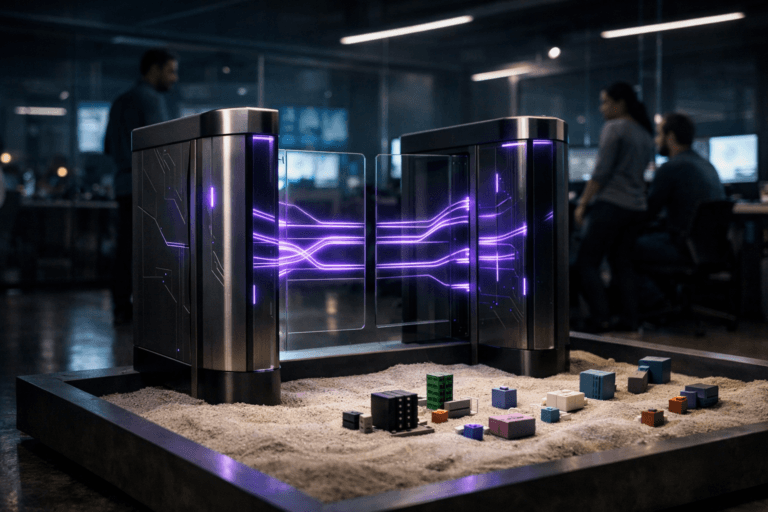 A photorealistic medium-wide cinematic shot, camera positioned approximately 1–2 meters from the subject, capturing a sleek, real-world physical security gate made of brushed dark metal and clear glass, embedded with subtle etched circuitry patterns and softly glowing electric-purple #7B63FF light trails that flow through distinct lanes to represent filtered API traffic, clearly readable within a realistic environment. The object integrates subtle electric-purple accents indicating intelligence or activity without overpowering realism. Set in a modern corporate innovation lab at night, where the gate is installed at the edge of a low rectangular sandbox installation filled with fine pale sand on a polished concrete floor, surrounded by small colorful toy-like blocks and miniature device models neatly arranged in the sand to symbolize different microservices, with glass walls, dim overhead strip lights, and multiple large monitors casting a cool bluish glow. In the background and periphery, a few diverse software engineers in smart-casual clothing stand and sit around workstations, slightly out of focus, engaged in quiet collaboration with neutral expressions, adding scale and human presence without distracting from the gate. Lighting is low-key and practical, combining the cool ambient glow of monitors and ceiling fixtures with a soft integrated white spotlight from above and slightly to the side, gently revealing the gate’s textures, reflections, and the fine grains of sand while letting the rest of the lab fall into moody Tech-Noir shadows. Shot with a 35mm lens look, natural shallow-to-medium depth of field, neutral corporate color palette with restrained neon purple and cyan accents, cinematic realism, premium materials, ultra-detailed, 8K, no text, no captions, no watermarks.
