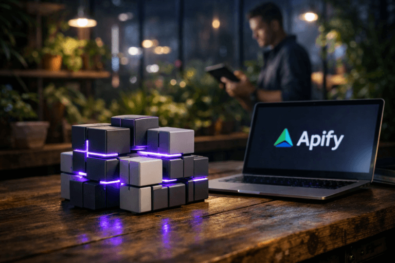 A photorealistic medium-wide cinematic shot, camera positioned approximately 1–2 meters from the subject, capturing a set of modular, premium-looking physical connector blocks in muted colors neatly interlocking into a compact network-like cluster, with subtle electric-purple #7B63FF LED accents glowing along their seams, accompanied by an open slim laptop where the Apify logo is clearly but naturally visible on the screen, all clearly readable within a realistic environment. The object integrates subtle electric-purple accents indicating intelligence or activity without overpowering realism. Set in a modern nighttime greenhouse workspace with a rustic wooden workbench, surrounded by lush green plants in pots and along shelves, glass walls catching faint reflections of distant city lights and restrained neon hues for a Tech-Noir mood, with a softly blurred, realistically dressed professional in the background casually checking a tablet near the plants. Lighting is low-key and practical, coming from small overhead greenhouse lamps and the laptop screen, complemented by a soft integrated white spotlight from the side, gently revealing form, texture, and depth on the connectors, wood grain, and foliage. Cinematic realism, natural depth of field, premium materials, ultra-detailed, 8K, no captions, no text overlays, no watermarks.