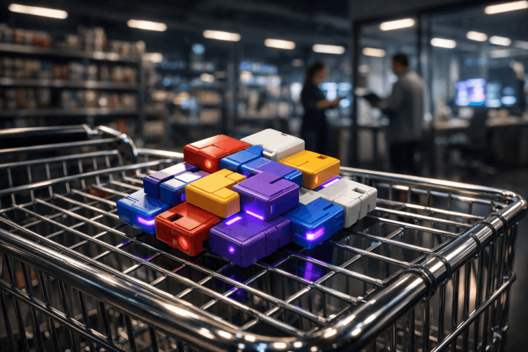 A photorealistic medium-wide cinematic shot, camera positioned approximately 1–2 meters from the subject, capturing a cluster of glossy, modular, color‑coded physical connectors interlocking into a precise network pattern, resting neatly on the wire top of a chrome shopping cart, clearly readable within a realistic environment. The object integrates subtle electric-purple #7B63FF accents indicating intelligence or activity without overpowering realism, with faint status LEDs and slim edge glows along some connector seams. Set in a dimly lit, futuristic supermarket innovation lab at night, chrome shopping carts aligned in soft perspective, tall shelves with blurred products and digital displays in the background, glass walls revealing a modern analytics workspace, and a few out-of-focus professionals in smart casual attire moving or checking tablets at the periphery. Lighting is low-key and practical, coming from overhead aisle fixtures, soft reflections on the chrome cart, and ambient glow from screens, complemented by a soft integrated white spotlight from the side, gently revealing form, texture, and depth of the connectors and metal wires. Cinematic realism, natural depth of field, premium materials, ultra-detailed, 8K.