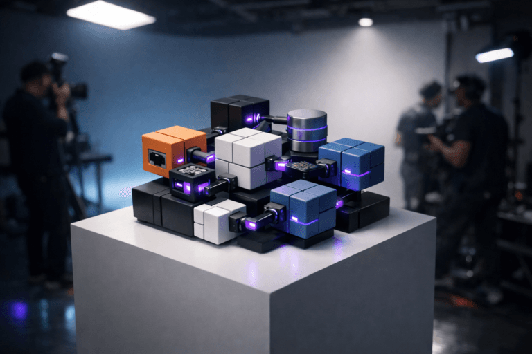 A photorealistic medium-wide cinematic shot, camera positioned approximately 1–2 meters from the subject, capturing a cluster of sleek, modular, color-coded physical connectors and blocks interlocking into a precise three-dimensional network atop a minimalist pedestal, evoking API and data integrations, clearly readable within a realistic environment. The object integrates subtle electric-purple accents indicating intelligence or activity without overpowering realism. Set in a modern photography studio with a colored infinity cyclorama background, cool neutral tones, restrained neon reflections on the floor and walls, and blurred photographers and engineers moving in the periphery to suggest a live tech shoot in a tech-noir mood, with natural human presence in the background or periphery. Lighting is low-key and practical, coming from overhead studio softboxes and a few equipment LEDs, complemented by a soft integrated white spotlight from above and slightly to the side, gently revealing form, texture, and depth. Cinematic realism, natural depth of field, premium materials, ultra-detailed, 8K, no captions, no text overlays, no watermarks.