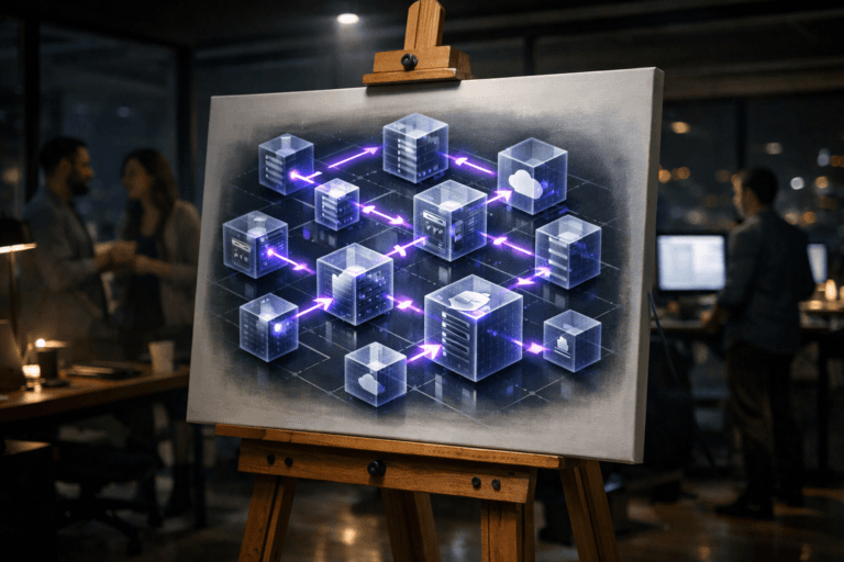 A photorealistic medium-wide cinematic shot, camera positioned approximately 1–2 meters from the subject, capturing a large white canvas on a sturdy wooden easel as the hero object, the canvas filled with a highly detailed 3D isometric painting of interconnected REST API blocks represented as sleek translucent cubes, linked by softly glowing HTTP-like arrows forming an organized, gridlike software architecture, clearly readable within a realistic environment. The object integrates subtle electric-purple #7B63FF accents in the glow of the arrows and light reflections on the cubes, indicating intelligence or activity without overpowering realism. Set in a dimly lit modern SaaS product-team office at night, with glass walls, distant city lights outside, and a few softly glowing computer monitors and workstations in the background, with natural human presence in the background or periphery in the form of diverse software professionals slightly out of focus, casually discussing and observing the canvas. Lighting is low-key and practical, coming from desk lamps, monitor spill, and a soft integrated white spotlight from above gently illuminating the canvas and easel, revealing the texture of the painted surface, the wooden grain, and subtle shadows on the floor, adding depth and volume. Cinematic realism, natural shallow-to-medium depth of field, premium materials, ultra-detailed, 8K, neutral corporate tones with restrained neon purple accents, no text, no captions, no watermarks.