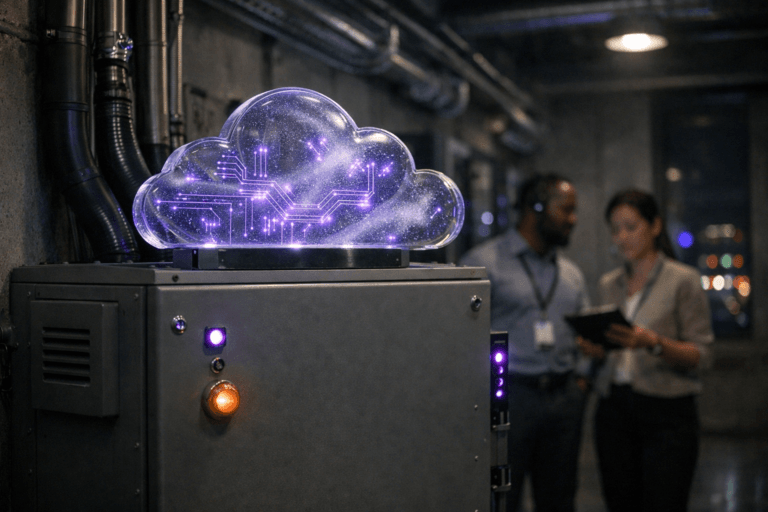 A photorealistic medium-wide cinematic shot, camera positioned approximately 1–2 meters from the subject, capturing a robust gray industrial electrical distribution box as the hero object, with a transparent acrylic cloud-shaped data sculpture mounted on top of it, the sculpture filled with gently swirling translucent particles and fine luminous circuits in subtle electric-purple #7B63FF accents, clearly readable within a realistic environment. The object integrates subtle electric-purple accents indicating intelligence or activity without overpowering realism. Set in a modern corporate utility corridor adjacent to a data center, with exposed conduits, metal panels and distant server-rack doors, nighttime city lights and faint neon reflections visible through a narrow side window, and a couple of IT engineers in diverse, professional attire moving or consulting a tablet in soft focus in the background. Lighting is low-key and practical, coming from overhead industrial fixtures, indicator LEDs and a nearby wall-mounted panel, complemented by a soft integrated white spotlight from above and slightly to the side, gently revealing form, texture, and depth on the distribution box and the acrylic cloud sculpture. Cinematic realism, 35mm lens look, natural depth of field, premium industrial materials, subtle reflections, ultra-detailed, 8K, no captions, no text overlays, no watermarks.