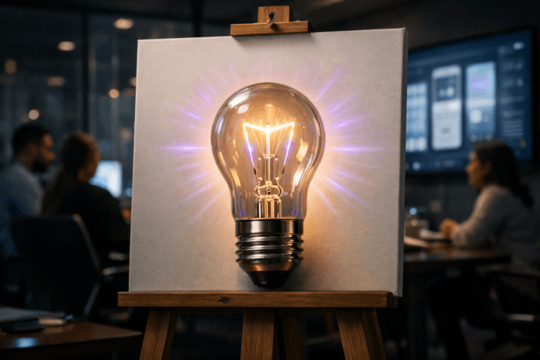 A photorealistic medium-wide cinematic shot, camera positioned approximately 1–2 meters from the subject, capturing a glowing incandescent lightbulb with a refined, modern glass and brushed-metal design standing upright at the center of a pristine white painting canvas mounted on a wooden easel, the bulb’s filament and housing sharply in focus and clearly readable within a realistic environment. The object integrates subtle electric-purple #7B63FF accents along the inner filament glow and faint pulsating rays on the canvas surface, indicating intelligence and decision-making activity without overpowering realism. Set in a dim late-night product war room inside a modern corporate office, with glass walls, a large wall-mounted screen in the background softly displaying blurred mobile app wireframes and analytics dashboards, and a few diverse professionals gathered around a conference table in candid discussion at the edge of the frame, slightly out of focus. Lighting is low-key and practical, coming from the lightbulb itself, the distant glow of monitors, and a soft integrated white spotlight from above that gently reveals the texture of the canvas, the grain of the wooden easel, and subtle reflections on nearby devices, all within a neutral corporate palette accented by restrained electric-purple tech-noir highlights. Cinematic realism, natural shallow-to-medium depth of field, premium materials, ultra-detailed, 8K, no text, no watermarks.