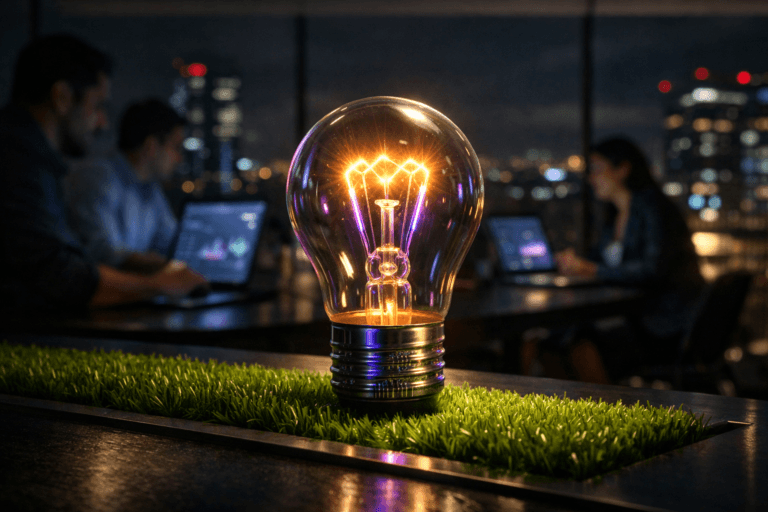A photorealistic medium-wide cinematic shot, camera positioned approximately 1–2 meters from the subject, capturing a single clear glass incandescent light bulb standing upright on a perfectly manicured strip of vibrant green synthetic turf integrated into a sleek dark workstation, its filament glowing intensely with finely detailed pulsating rays of light and faint circuitry etched into the metal base, symbolizing the intelligence and architecture of modern Single Page Applications in a fintech dashboard environment, clearly readable within a realistic scene. The object integrates subtle electric-purple accents (#7B63FF) along the filament, internal glow, and soft reflections on the bulb and desktop, indicating digital activity and data flow without overpowering the overall realism. Set in a nighttime rooftop fintech workspace overlooking a dense Latin American city skyline, with floor-to-ceiling glass, distant neon-lit high-rises, and a few blurred, diverse professionals collaborating around laptops showing abstract data dashboards in the background, adding natural human presence in the periphery while keeping the light bulb as the hero object, all bathed in a restrained tech-noir atmosphere. Lighting is low-key and practical, coming from laptop screens, distant office fixtures, and city glow, complemented by a soft integrated white spotlight from the upper side that gently reveals the bulb’s glass texture, metal base, and the fine blades of synthetic grass, creating rich contrast, reflections, and depth. Cinematic realism, natural depth of field, 35mm lens look, premium materials, ultra-detailed, high dynamic range, 8K, no text, no UI legibility, no watermarks.