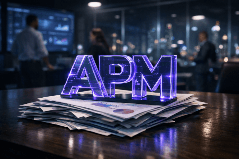 A photorealistic medium-wide cinematic shot, camera positioned approximately 1–2 meters from the subject, capturing a sleek three-dimensional isometric acrylic desk sculpture forming the “APM” logo, sitting firmly atop a slightly disordered stack of printed financial reports and business newspapers on a dark wooden conference table, charts and graphs faintly visible but not legible, the logo surface subtly animated with tiny data-like reflections and understated HUD-style lines, clearly readable within a realistic environment. The object integrates subtle electric-purple (#7B63FF) edge lighting and internal accents indicating intelligence or activity without overpowering realism. Set in a modern glass-walled corporate war room at night, overlooking a futuristic city skyline with soft neon reflections, walls lined with large screens showing blurred analytics dashboards and performance graphs, in a cool tech-noir color palette of deep charcoal, soft blues, and restrained electric-purple accents, with natural human presence in the background and periphery: a few diverse professionals in shirts and blazers collaborating, some standing by the glowing screens and others seated at the table, all slightly out of focus. Lighting is low-key and practical, coming from overhead conference fixtures, the glow of the wall screens, and the city lights outside, complemented by a soft integrated white spotlight from above and slightly to the side, gently revealing form, texture, and depth of the APM logo sculpture, the paper stack, and the table surface. Cinematic realism, natural depth of field, premium materials, ultra-detailed, 8K, no captions, no legible text, no watermarks.