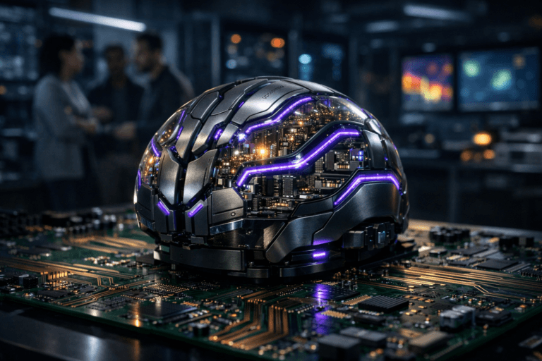 A photorealistic medium-wide cinematic shot, camera positioned approximately 1–2 meters from the subject, capturing a refined mechanical brain device as the hero object — a sleek, helmet-sized brain made of brushed dark metal and clear glass panels, resting firmly on a large green printed circuit board with intricate copper traces in sharp macro detail. Inside the transparent sections of the brain, organized layers of microcircuits and pathways are clearly visible, with precise streams of tiny multicolored light particles flowing into structured channels on its surface, suggesting data being ingested and processed in an interpretable, transparent way. The object integrates subtle electric-purple (#7B63FF) accents along selected neural pathways and edge lights, indicating intelligence and activity without overpowering realism. Set in a real-world tech lab at night with a Tech-Noir mood: the giant PCB is mounted on a clean workbench surrounded by defocused lab equipment, server racks, and monitor screens showing abstract graphs and heatmaps (no readable text), while a small, diverse group of professionals in smart-casual attire are softly blurred in the background, observing the setup and discussing, their presence secondary to the mechanical brain. Lighting is low-key and practical, coming from overhead lab fixtures, faint monitor glow, and a soft integrated white spotlight from the upper side that gently reveals the form, metallic texture, glass reflections, and depth of both the brain and the PCB’s copper traces, with subtle neon reflections in the environment. Cinematic realism, 35mm–50mm lens look, natural shallow-to-medium depth of field, premium materials, ultra-detailed surfaces and electronics, subtle Tech-Noir color palette with neutral grays, deep shadows, and restrained electric-purple accents, 8K resolution, no captions, no visible text, no logos, no watermarks.