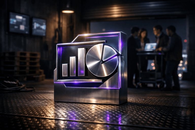 A photorealistic medium-wide cinematic shot, camera positioned approximately 1–2 meters from the subject, capturing a refined real-world hero object: the 3D isometric chrome-and-glass logo of the “Apresentação” presentation software, rendered as a solid physical monolith about waist height, standing firmly on the metal diamond-plate floor of an industrial loading dock, the logo clearly readable on its front face, with subtle embedded visual elements suggesting slides, charts, and analytics. The object integrates subtle electric-purple (#7B63FF) accents running as thin light traces along its edges and within small indicator strips, hinting at AI, data, and intelligence without overpowering realism. Set in a moody Tech-Noir industrial loading dock at night, with metallic diamond-plate flooring, a partially open loading-bay door revealing a blurred futuristic cityscape with distant neon lights, stacked pallets, cables, and a couple of wall-mounted screens softly displaying out-of-focus dashboards and slide thumbnails. Natural human presence appears in the background: a small group of diverse marketing and sales professionals in smart-casual attire, partially silhouetted, discussing around a laptop and tablet on a rolling cart, their faces lit by screen glow, always secondary to the Apresentação logo monolith. Lighting is low-key and practical, coming from overhead industrial lamps, the glow of screens, and a subtle electric-purple rim light reflected from the city, complemented by a soft integrated white spotlight from the side that gently reveals the logo’s form, brushed metal and glass texture, and the pattern of the diamond-plate floor, with natural reflections and shadows. Cinematic realism, 35mm lens look, natural shallow-to-medium depth of field, neutral corporate tones with restrained neon purple and cool cyan accents, premium materials, ultra-detailed, 8K, no captions, no interface text, no watermarks.
