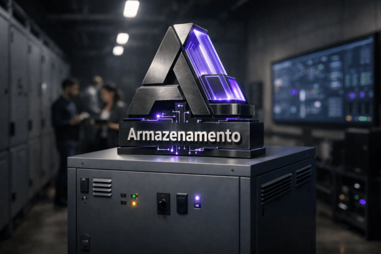 A photorealistic medium-wide cinematic shot, camera positioned approximately 1–2 meters from the subject, capturing a solid 3D isometric sculpture of the “Armazenamento” brand logo, built from brushed dark metal and translucent acrylic panels, mounted realistically on top of a matte industrial gray electrical distribution box with clean vents, switches, and subtle status LEDs, the logo clearly readable and integrated with small circuit-like patterns that hint at digital storage, organization, and smart data control within a realistic environment. The object integrates subtle electric-purple accents indicating intelligence or activity without overpowering realism. Set in a modern tech-noir warehouse control corridor, where industrial electrical cabinets run along one side and glass-front server racks and a large wall-mounted operations dashboard glow softly on the other, with a small, diverse group of professionals in smart-casual attire blurred in the background checking tablets and wall screens, moving naturally through the space, with natural human presence in the background or periphery. Lighting is low-key and practical, coming from overhead industrial fixtures, indicator LEDs, and nearby screens, complemented by a soft integrated white spotlight from above and slightly to the side of the logo and box, gently revealing form, texture, and depth with subtle reflections on metal and acrylic. Cinematic realism, natural depth of field that keeps the logo and electrical box tack-sharp while softly blurring the environment, neutral corporate palette with restrained electric-purple #7B63FF accents in the logo edges and UI glows, premium materials, ultra-detailed, 8K, 35mm lens look, no captions, no UI overlays, no watermarks.