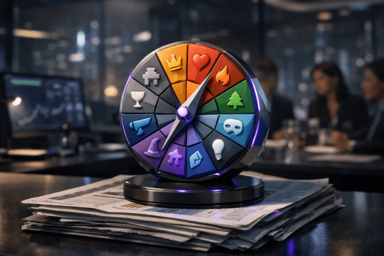 A photorealistic medium-wide cinematic shot, camera positioned approximately 1–2 meters from the subject, capturing a stylized physical “brand archetype” compass sculpture clearly readable within a realistic environment: a solid circular 3D object about 30 cm wide, divided into multiple raised colored segments like a wheel, each segment a smooth premium tile with simple abstract icons representing different archetypes, the whole sculpture slightly faceted in an isometric-inspired design language, mounted on a sleek black metal base and resting on top of a neatly stacked pile of printed newspapers and financial reports spread across a modern desk. The object integrates subtle electric-purple #7B63FF accents indicating intelligence or activity without overpowering realism, with fine electric-purple edge lighting along some segments and faint reflections on the metal base. Set in a contemporary tech-noir corporate strategy office at night, with a large glass window hinting at a futuristic city skyline and soft neon reflections, glass partitions, multiple computer monitors showing blurred dashboards and financial charts, and a diverse group of marketing professionals softly out of focus around the table in the background, engaged in quiet discussion. Lighting is low-key and practical, coming from desk lamps, computer screens, and the city glow, complemented by a soft integrated white spotlight from above and slightly to the side, gently revealing the sculpture’s form, texture, and depth while letting the background fall into tasteful shadow. Cinematic realism, natural shallow-to-medium depth of field, neutral corporate palette with cool grays and deep blues, restrained electric-purple accents, premium materials, ultra-detailed, 8K, no captions, no text overlays, no watermarks.