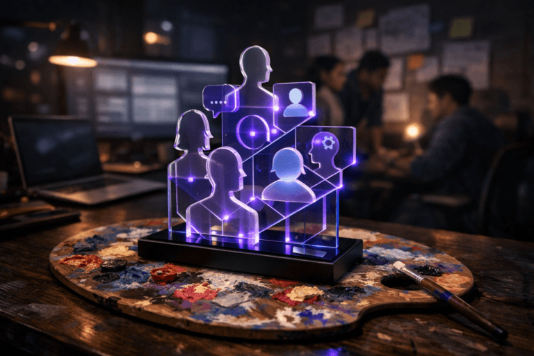 A photorealistic medium-wide cinematic shot, camera positioned approximately 1–2 meters from the subject, capturing a tangible, stylized desk sculpture representing UX user archetypes: several interlocking translucent acrylic human silhouettes and geometric profile icons rising vertically from a sleek black base, arranged in layered isometric planes, with subtle electric-purple #7B63FF accents glowing softly along edges and connection nodes, resting at the center of a well-used wooden artist’s palette thick with colorful oil-paint smears clearly readable within a realistic environment. The object integrates subtle electric-purple accents indicating intelligence or activity without overpowering realism. Set in a dimly lit UX design studio at night in a Tech-Noir mood, where the messy oil-paint artist’s palette lies on a dark wooden worktable amidst digital tools — a laptop and an ultra-wide monitor showing softly blurred interface wireframes, tablets and pens, scattered sketches and sticky notes on the wall behind — with a few diverse UX professionals in the distant background, slightly out of focus, engaged in quiet collaboration, with natural human presence in the background or periphery. Lighting is low-key and practical, coming from the monitor glow, a desk lamp and distant city light, complemented by a soft integrated white spotlight from above or the side, gently revealing form, texture, and depth on the sculpture, palette, and table surface. Cinematic realism, natural depth of field, premium materials, ultra-detailed, 8K, neutral corporate palette with restrained neon purple and blue accents, no captions, no text overlays, no watermarks.