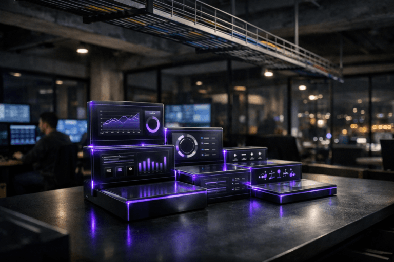 A photorealistic medium-wide cinematic shot, camera positioned approximately 1–2 meters from the subject, capturing a set of sleek, translucent modular hardware tiles arranged in a balanced, stepped grid beneath an exposed ceiling cable tray, each tile subtly echoing UI components from a cloud-native dashboard, clearly readable within a realistic environment. The object integrates subtle electric-purple #7B63FF edge glows and indicator lines along its surfaces, suggesting intelligence and real-time data flow without overpowering realism. Set in a dimly lit, modern cloud-operations office with exposed concrete, glass walls, and neatly organized overhead cable trays filled with color‑coded network cables running across the ceiling, nighttime city lights visible through large windows and a wall of softly glowing monitors in the background, with a few diverse engineers working candidly at their desks in the periphery. Lighting is low-key and practical, coming from ceiling fixtures, monitors, and the city outside, complemented by a soft integrated white spotlight from the side that gently reveals the form, texture, and depth of the modular tiles and cable tray. Cinematic realism, natural shallow-to-medium depth of field, neutral corporate tones with restrained neon purple accents, premium materials, ultra-detailed, 8K, no interface text, no captions, no watermarks.