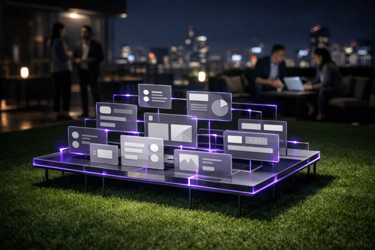 A photorealistic medium-wide cinematic shot, camera positioned approximately 1–2 meters from the subject, capturing a refined real-world hero object: a large, slightly elevated arrangement of translucent glass and matte acrylic panels representing digital interface elements, neatly organized in a harmonious, isometric-inspired grid, each panel showing simplified UI cards, icons, and neutral blocks without readable text, all resting on slim dark metal supports that emerge from a perfectly trimmed, vibrant synthetic grass surface. The object integrates subtle electric-purple (#7B63FF) edge lighting and thin glowing connection lines between panels, indicating intelligent information flow and architecture without overpowering realism. Set in a modern corporate rooftop terrace at night, fully covered in pristine synthetic turf, with a softly blurred tech-city skyline and scattered neon reflections in the distance, creating a subtle Tech-Noir atmosphere. Natural human presence appears in the mid- and background: a small, diverse group of UX and product professionals in smart-casual clothing, standing or sitting around low outdoor tables with open laptops and tablets, engaged in quiet discussion, slightly out of focus so the interface structure remains the clear focal point. Lighting is low-key and practical, coming from the laptop screens, discrete floor lamps, and the distant city glow, complemented by a soft integrated white spotlight from above and slightly to the side, gently revealing the form, texture, and depth of the panels and grass while preserving rich shadows. Cinematic realism, natural shallow-to-medium depth of field, premium materials, ultra-detailed, 8K, no captions, no text overlays, no watermarks.