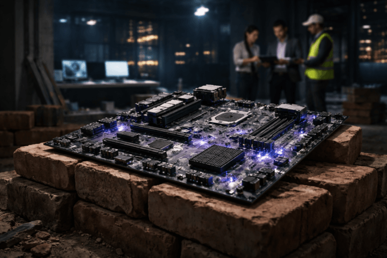 A photorealistic medium-wide cinematic shot, camera positioned approximately 1–2 meters from the subject, capturing a real, complex server-grade motherboard with intricate visible copper traces and softly glowing components, resting securely across a stack of rough clay construction bricks, like a miniature city grid laid over masonry foundations, clearly readable within a realistic environment. The object integrates subtle electric-purple (#7B63FF) accent light pulsing along select traces and components, indicating intelligence and live data flow without overpowering realism. Set in a dim, partially finished modern office floor at night, with exposed concrete, stacked bricks and tools, distant glass windows revealing blurred city lights and restrained neon signage, and a temporary workstation with monitors and laptops casting soft interface glow in the background, with a small, diverse group of realistic professionals in business-casual and light safety gear slightly out of focus at the periphery, discussing digital plans on a tablet. Lighting is low-key and practical, coming from the workstation screens, a distant overhead construction lamp and a soft integrated white spotlight from the upper side gently washing over the motherboard and bricks, revealing fine circuitry, textures and depth while leaving the surroundings in moody shadow. Cinematic realism, 35mm lens look, natural shallow depth of field, premium materials, ultra-detailed, 8K, no text, no captions, no watermarks.