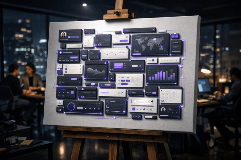 A photorealistic medium-wide cinematic shot, camera positioned approximately 1–2 meters from the subject, capturing a large white painting canvas on a wooden easel as the hero object, its surface covered with a meticulously organized 3D isometric user interface composed of modular panels and components that fit together seamlessly like digital building blocks, representing a cohesive micro frontends design system, clearly readable within a realistic environment. The canvas and UI panels feature subtle electric-purple #7B63FF accents tracing edges, icons, and connection lines to indicate intelligence and activity without overpowering the neutral whites, charcoals, and soft grays of the scene. Set in a modern tech-noir UX design studio at night, with glass walls revealing a softly glowing futuristic city skyline, low desks with laptops and monitors, scattered sticky notes and design tools, and a few diverse product designers and engineers in the background and periphery in candid discussion, slightly out of focus. Lighting is low-key and practical, coming from desk lamps, monitor glow, and a faint city light, complemented by a soft integrated white spotlight from above and slightly to the side that gently reveals the texture of the canvas, the wood grain of the easel, and the layered depth of the isometric UI blocks. Cinematic realism, natural shallow-to-medium depth of field, premium materials, ultra-detailed, 8K, neutral corporate palette with restrained neon accents, no captions, no text overlays, no watermarks.