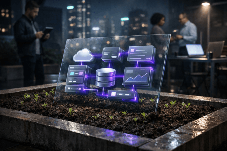 A photorealistic medium-wide cinematic shot, camera positioned approximately 1–2 meters from the subject, capturing a sleek, slightly tilted transparent glass display panel emerging from a rectangular bed of dark fertile soil, the rich soil surface dotted with small green sprouts, while the panel’s surface shows structured 3D isometric UI components arranged in a clean, harmonious layout on a soft gradient background, clearly readable within a realistic environment. The UI blocks resemble modular microservice tiles and cards, subtly glowing with electric-purple #7B63FF accents along edges and connection lines to indicate intelligent activity, without overpowering the natural materials. Set on an urban rooftop garden at night in a Tech-Noir city, with the soil bed framed by low concrete borders, wet reflective paving, and a distant out-of-focus skyline of office towers and soft neon lights, with a cool misty atmosphere. Natural human presence appears in the background and periphery: a few diverse professionals in smart-casual attire near a simple metal workstation with laptops, one person glancing at a tablet, another speaking quietly, all rendered realistically with candid posture and neutral expressions, slightly blurred to keep the glass panel and soil as the hero object. Lighting is low-key and practical, coming from the glowing interface, nearby laptop screens, and sparse rooftop fixtures, complemented by a soft integrated white spotlight from above and slightly to the side, gently revealing the textures of glass, metal, moist soil, and delicate sprouts, adding depth and contrast. Cinematic realism, 35mm–50mm lens look, natural shallow-to-medium depth of field, neutral corporate color palette with restrained electric purple and teal neon accents, premium materials, ultra-detailed, 8K, no captions, no text overlays, no legible UI text, no watermarks.