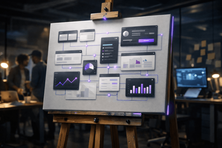 A photorealistic medium-wide cinematic shot, camera positioned approximately 1–2 meters from the subject, capturing a large white painting canvas on a sturdy wooden easel as the hero object, the canvas filled with a meticulously organized digital-style interface mockup: clean cards, panels, and charts arranged in a balanced, slightly isometric layout that subtly suggests a microservices architecture and user journeys, with any labels abstracted into illegible glyphs so no real text is readable. The object integrates subtle electric-purple #7B63FF accents running through connection lines, highlights on key UI components, and a faint glow along the easel edges, indicating intelligence and system activity without overpowering realism. Set in a modern tech product studio at night, a real-world Tech-Noir environment with glass walls, a large screen and laptops in the background, scattered sticky notes, and a couple of diverse UX designers and engineers in soft focus collaborating around another workstation at the periphery. Lighting is low-key and practical, coming from monitor screens, a desk lamp, and a distant window, complemented by a soft integrated white spotlight from above and slightly to the side that gently reveals the texture of the canvas, the grain of the wood, and the refined geometry of the interface layout. Cinematic realism, neutral corporate palette with restrained neon purple accents, natural shallow-to-medium depth of field, premium materials, ultra-detailed, 8K, no captions, no text overlays, no watermarks.