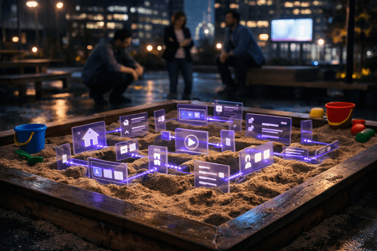 A photorealistic medium-wide cinematic shot, camera positioned approximately 1–2 meters from the subject, capturing a waist-high children’s sandbox as the hero object, the sand neatly sculpted into a harmoniously organized 3D isometric grid of sleek translucent acrylic interface tiles and panels that represent app navigation menus, icons, and flows, each panel finely detailed yet abstracted without readable text and arranged like a miniature metro map of a digital product, clearly readable within a realistic environment. The object integrates subtle electric-purple #7B63FF accents glowing softly along the edges and connection lines between the UI tiles, hinting at intelligence and activity without overpowering the natural materials and colors of the sand and acrylic. Set in a nighttime tech-noir reinterpretation of a children’s playground, with the sandbox placed in a modern urban courtyard, colorful plastic toys and small buckets scattered around the outer rim of the box, wet concrete flooring reflecting cool blue and purple highlights, distant glass office towers and softly glowing billboards in the background, and a few diverse adults in smart-casual clothing standing or crouching at the periphery, observing and discussing the sandbox like UX designers at work, slightly out of focus to keep the sandbox and interface structure as the clear focal point. Lighting is low-key and practical, coming from nearby playground lamps, ambient city glow, and the gentle luminance of the interface tiles themselves, complemented by a soft integrated white spotlight from above and slightly to the side, gently revealing form, texture, and depth in the sand, acrylic surfaces, and toys. Cinematic realism, shot on a 35mm–50mm photographic lens look, natural shallow-to-medium depth of field, neutral corporate tones balanced with restrained neon blues and electric purple accents, premium materials, ultra-detailed, 8K, no captions, no text overlays, no watermarks.