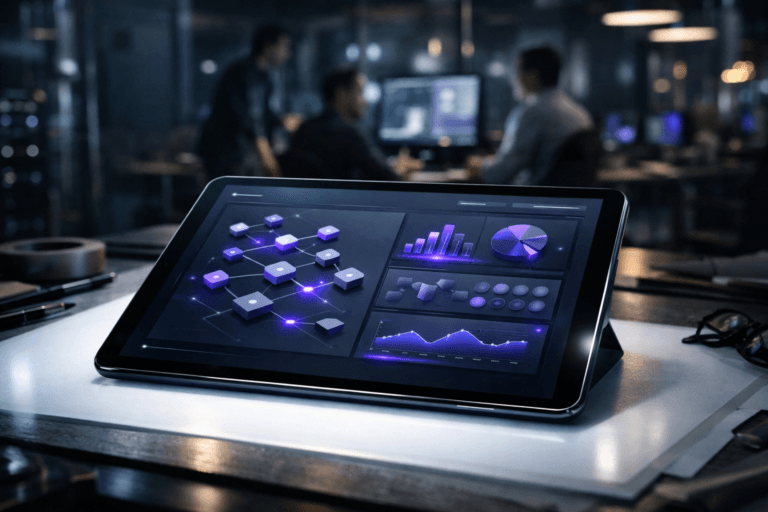 A photorealistic medium-wide cinematic shot, camera positioned approximately 1–2 meters from the subject, capturing a sleek, high-end glass tablet lying on a large designer’s light table that glows softly from below, the screen showing an organized isometric 3D dashboard interface that visualizes event-driven architecture flows and QA test coverage with balanced modular panels, lanes, charts and node diagrams instead of readable text, refined layout, minimalist soft gradient UI background, subtle electric-purple #7B63FF accents pulsing along key interface elements to suggest intelligent real-time activity without overpowering realism. Set in a dimly lit modern tech workspace at night, built around the glowing drawing light table, with blurred background silhouettes of diverse software engineers in casual-professional clothing collaborating around workstations and large monitors, hints of cable runs, server racks and glass walls catching cool reflections, distant city lights and restrained neon glows adding a Tech-Noir ambiance. Lighting is low-key and practical, coming from the light table, nearby monitors and a few overhead architectural lamps, complemented by a soft integrated white spotlight from the side that gently reveals the tablet’s glass edges, the table texture and surrounding tools, with natural shallow-to-medium depth of field, neutral corporate tones contrasted with subtle electric purple highlights, premium materials, ultra-detailed, 8K, no captions, no on-screen text, no watermarks.