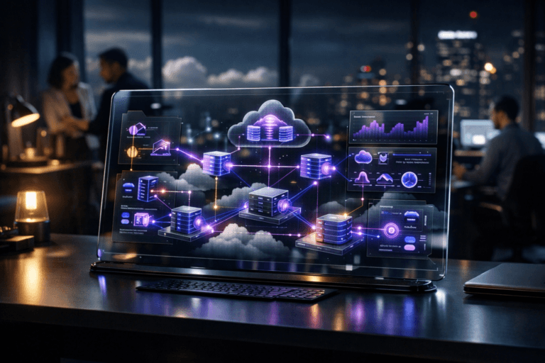 A photorealistic medium-wide cinematic shot, camera positioned approximately 1–2 meters from the subject, capturing a sleek, semi-transparent glass desktop screen as the hero object, resting on a modern dark desk and displaying a detailed 3D isometric interface of a serverless cloud architecture dashboard with harmoniously arranged panels, highlighted elements and flowing connections, clearly readable within a realistic environment. The object integrates subtle electric-purple (#7B63FF) accents pulsing along key nodes and connection lines, indicating intelligence and real-time activity without overpowering realism. Set in a high-floor tech-noir cloud-operations corner office at night, with floor-to-ceiling windows revealing a moody city skyline above softly lit cumulus clouds and scattered neon reflections, with a few diverse cloud engineers in smart-casual attire softly blurred in the background collaborating around secondary workstations. Lighting is low-key and practical, coming from desk lamps, computer monitors and the city glow, complemented by a soft integrated white spotlight from above that gently reveals the form, glass texture and reflections of the interface and desk, adding depth and subtle shadows. Cinematic realism, 35mm photographic look, natural shallow-to-medium depth of field, premium materials, ultra-detailed, 8K, no captions, no text overlays, no watermarks.