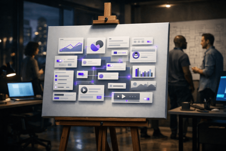 A photorealistic medium-wide cinematic shot, camera positioned approximately 1–2 meters from the subject, capturing a large white painting canvas on a wooden easel as the hero object, displaying a meticulously organized composition of modular interface components in a crisp isometric 3D illustration style, each card-like UI element forming a harmonious grid over a soft minimal gradient background, with a few subtle electric-purple #7B63FF accents along key components and connecting lines to suggest intelligent structure and activity, all physically printed or painted on the canvas. The object integrates subtle electric-purple accents indicating intelligence or activity without overpowering realism. Set in a dimly lit modern product design studio at night, tech-noir mood, with concrete floors, glass walls revealing a moody urban skyline, cool blue screen glow, and a small diverse group of professionals in the background and periphery, casually dressed, discussing at a whiteboard filled with blurred wireframes and architecture diagrams, laptops and monitors on nearby desks adding additional practical light sources. Lighting is low-key and practical, coming from desk lamps, screens, and a narrow window, complemented by a soft integrated white spotlight from above and slightly to the side of the canvas, gently revealing the texture of the canvas, wood grain of the easel, and the depth of the isometric UI illustration, with natural reflections on nearby glass surfaces. Cinematic realism, natural shallow-to-medium depth of field that keeps the canvas sharply in focus and people slightly blurred, premium materials, ultra-detailed, 8K, neutral corporate color palette with restrained neon accents, no captions, no legible text, no watermarks.