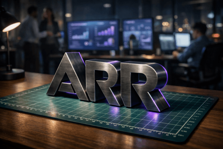 A photorealistic medium-wide cinematic shot, camera positioned approximately 1–2 meters from the subject, capturing a solid 3D isometric “ARR” logo sculpture as the hero object — thick, premium brushed dark metal letters arranged in an isometric perspective, with subtle electric-purple (#7B63FF) edge lighting and fine machining details — resting realistically on a green cutting mat (régua de corte) with a precise white measurement grid, placed on a modern wooden desk in a SaaS analytics workspace. The object integrates subtle electric-purple accents along its contours, faint reflections on the metal, and a soft glow on the cutting mat indicating intelligence and activity without overpowering realism, the ARR logo clearly readable and physically grounded. Set in a Tech-Noir inspired late-night SaaS office environment: in the mid-ground, multiple large monitors display softly blurred analytics dashboards and charts, casting cool blue and purple screen light; in the background, a glass wall reveals hints of a city skyline with distant neon and office lights. Natural human presence appears in the periphery and background: a diverse group of business-casual professionals, slightly out of focus, standing and discussing data near the screens or seated at neighboring desks, with candid postures and neutral, concentrated expressions, secondary to the ARR sculpture. Lighting is low-key and practical, coming from the monitors, a desk lamp, and a soft integrated white spotlight from above and slightly to the side, gently revealing the form, texture, and depth of the 3D ARR logo, the cutting mat grid, and the desk surface while letting the rest fall into subtle shadow. Cinematic realism, 35–50mm photographic look, natural shallow-to-medium depth of field, neutral corporate tones with restrained electric-purple and cool teal accents, premium materials, ultra-detailed, 8K, no captions, no UI elements, no extra text, no watermarks.