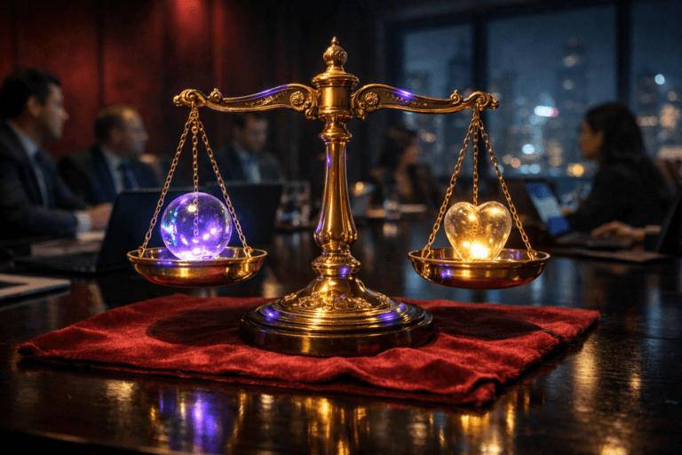 A photorealistic medium-wide cinematic shot, camera positioned approximately 1–2 meters from the subject, capturing a finely crafted golden balance scale as the hero object on a dark polished conference table, its two pans holding softly glowing, glass-like weights that subtly symbolize artificial intelligence and human values, the metal surfaces richly detailed and the red velvet cloth beneath the scale clearly visible and tactile, no text or symbols. The object integrates subtle electric-purple (#7B63FF) accents in the reflections and inner glow of the luminous weights and along the edges of the scale, indicating intelligence or activity without overpowering realism. Set in a dimly lit, high-end corporate boardroom at night in a Brazilian headquarters, with deep red velvet wall panels and a large window revealing a moody, futuristic city skyline with faint neon reflections, laptop screens and tabletop devices providing cool ambient light and abstract interface graphics without any readable text. Natural human presence appears in the background and periphery as a diverse group of professionals in business attire seated and standing around the table, slightly out of focus, engaged in quiet discussion with neutral, candid expressions, always secondary to the golden scale. Lighting is low-key and practical, coming from laptops, a discreet ceiling fixture and a single soft integrated white spotlight from above and slightly to the side of the scale, gently revealing form, texture, and depth on the gold metal, glass weights and red velvet surface, creating subtle shadows and a tech-noir atmosphere. Cinematic photographic realism with a subtle Tech-Noir influence, 35mm lens look, natural shallow-to-medium depth of field, neutral corporate tones with restrained electric-purple accents, premium materials, ultra-detailed, 8K, no captions, no text overlays, no logos, no watermarks.