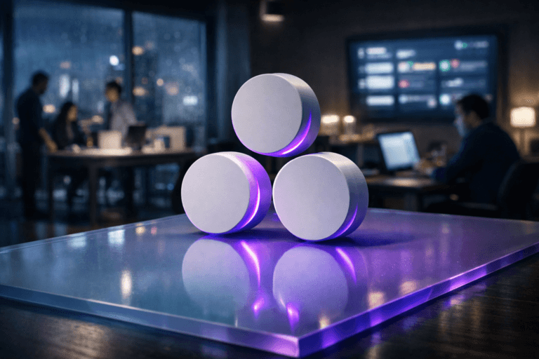 A photorealistic medium-wide cinematic shot, camera positioned approximately 1–2 meters from the subject, capturing a solid 3D isometric Asana logo sculpture — the official three-dot Asana mark extruded into smooth matte acrylic, standing upright on a translucent colored acrylic desktop panel with subtle gradient hues — clearly readable as the hero object within a realistic modern office environment. The logo object integrates subtle electric-purple (#7B63FF) accents along its inner edges and reflections on the acrylic surface, suggesting intelligent activity without overpowering the natural materials or realism. Set in a dimly lit, tech-noir open-plan marketing and product operations floor at night, with floor-to-ceiling windows revealing a soft-focus city skyline, cool blue ambient light, and a hint of rain on the glass; in the background, a diverse group of professionals works around glass-walled collaboration tables, some standing, some seated, their faces lit by laptop screens and a large wall-mounted display showing blurred, glowing Asana-style project dashboards. Lighting is low-key and practical, coming from desk lamps, monitor glow, and a few overhead fixtures, complemented by a soft integrated white spotlight from above and slightly to the side of the Asana logo sculpture, gently revealing the texture of the acrylic, fine reflections on the translucent plastic surface, and subtle shadows that add depth. Natural shallow-to-medium depth of field keeps the Asana logo and acrylic surface in crisp focus while rendering people and interface elements softly out of focus. Neutral corporate tones (charcoal, soft gray, muted blues) dominate the scene, balanced with restrained electric-purple neon accents in reflections and light strips, conveying a sophisticated tech-noir mood. Cinematic realism, 35mm lens look, premium materials, ultra-detailed, 8K, no captions, no on-screen text overlays, no watermarks.