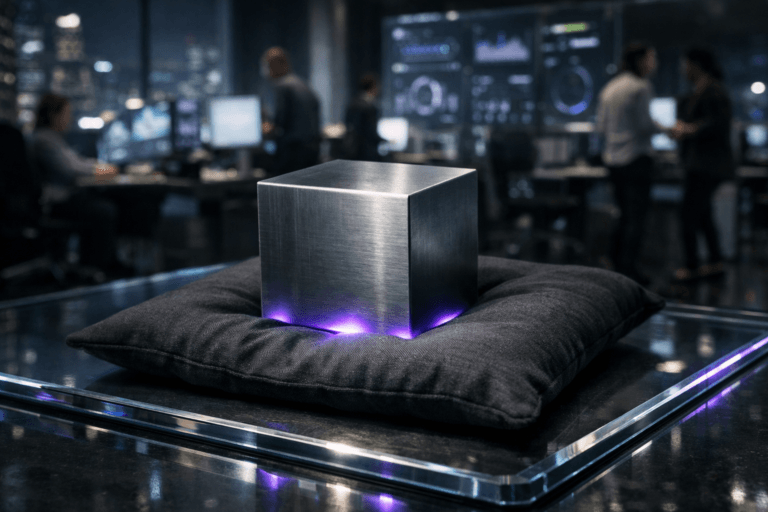 A photorealistic medium-wide cinematic shot, camera positioned approximately 1–2 meters from the subject, capturing a dense tungsten cube partially sinking into a soft, dark charcoal fabric cushion, both resting on a thick tempered glass floor with beveled edges and subtle LED strips embedded along the perimeter, clearly readable within a realistic environment. The cube has finely brushed metal surfaces and crisp edges, with subtle electric-purple (#7B63FF) accents glowing gently along its base and contact point with the cushion, suggesting focused intelligence and invisible weight without overpowering realism. Set in a dimly lit corporate AI operations room at night, high above a modern city, with the glass floor reflecting muted neon from distant skyscrapers and abstract data dashboards on vertical glass panels in the background; the dashboards and monitors show softly glowing interface shapes and graphs with no legible text. In the periphery, a small, diverse group of professionals in smart-casual attire move and collaborate around sleek workstations, their faces lit by screen glow, kept softly out of focus so the tungsten cube and cushion remain the clear hero. Lighting is low-key and practical, coming from the floor LEDs, computer screens, and a soft integrated white spotlight from above that grazes the cube and cushion from the side, gently revealing metal grain, fabric texture, and the subtle depression where the heavy cube sinks in. Cinematic realism, natural shallow-to-medium depth of field, neutral corporate tones with restrained electric-purple accents on LEDs and interface elements, premium materials, ultra-detailed reflections and surface imperfections, ultra-detailed, 8K, no captions, no text overlays, no watermarks.