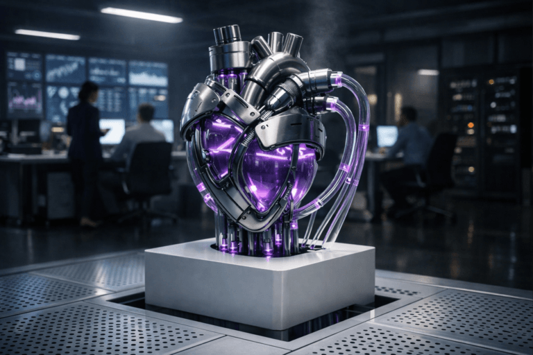 A photorealistic medium-wide cinematic shot, camera positioned approximately 1–2 meters from the subject, capturing a life-sized mechanical heart device made of brushed aluminum and glass, mounted on a sleek white pedestal that seamlessly emerges from a white raised technical floor with perforated cooling tiles, pumping softly glowing electric-purple–tinted fluid through organized transparent tubes that disappear into the floor, all clearly readable within a realistic environment. The object integrates subtle electric-purple accents indicating intelligence or activity without overpowering realism. Set in a high-end tech-noir marketing operations control room with a white perforated raised technical floor, glass walls, a distant wall of softly glowing analytics dashboards and server racks fading into shadow, and a small diverse group of professionals in business-casual attire collaborating around workstations in the background and periphery, naturally posed and slightly out of focus so the mechanical heart remains the dominant focal point. Lighting is low-key and practical, coming from overhead linear fixtures, the glow of screens and the luminous fluid in the tubes, complemented by a soft integrated white spotlight from the upper side, gently revealing form, metallic and glass textures, and depth across the heart mechanism and floor. Cinematic realism, 35mm–50mm photographic look, natural shallow-to-medium depth of field, premium materials, subtle volumetric haze, ultra-detailed, 8K, no captions, no text overlays, no watermarks.