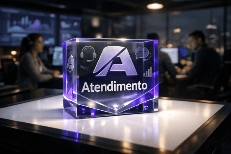 A photorealistic medium-wide cinematic shot, camera positioned approximately 1–2 meters from the subject, capturing a solid 3D isometric acrylic sculpture of the “Atendimento” brand logo resting on a glowing designer’s light table, the logo cleanly embossed on the front face and clearly readable, with subtle etched icons suggesting chat bubbles, headsets and analytics around it, all physically plausible and finely detailed within a realistic environment. The object integrates subtle electric-purple #7B63FF accents along its edges and in soft internal reflections, indicating intelligence and activity without overpowering realism. Set in a dimly lit, tech-noir customer support “war room” studio, with the light table surrounded by sleek desks and large wall-mounted screens showing abstract dashboards and graphs (no readable text), glass walls revealing a distant city skyline at night, and a diverse group of professional support and operations specialists in the background in soft focus, collaborating around monitors with neutral, candid expressions. Lighting is low-key and practical, coming from the glowing light table, nearby monitor screens and a few overhead office fixtures, complemented by a soft integrated white spotlight from the upper side that gently reveals the form, edges and glossy texture of the 3D logo sculpture and the surface of the light table, creating natural reflections and a shallow-to-medium depth of field that keeps the logo as the unmistakable hero object. Cinematic realism, 35mm lens look, natural depth of field, neutral corporate tones with restrained electric-purple neon accents, premium materials, ultra-detailed, 8K, no captions, no floating elements, no text overlays besides the subtle “Atendimento” logo on the object, no watermarks.