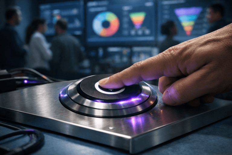 A photorealistic medium-wide cinematic shot, camera positioned approximately 1–2 meters from the subject, capturing a large, real-world physical power button device as the hero object, embedded in a sleek metallic housing on a light-blue anti-static hardware lab workbench, the button being firmly pressed by a human hand at the exact moment of activation, with subtle electric‑purple (#7B63FF) light and tiny realistic sparks glowing around the edges to indicate intelligence and energy without feeling fantastical. The object sits in a modern tech operations “war room” environment: behind the bench, out of focus, a wall of large screens displays abstract analytics dashboards and activation funnels rendered as colorful graphs and charts with no legible text, hinting at customer journey and CRM performance. Around the periphery, a small group of diverse professionals in smart casual attire stand and confer, partially blurred, focused on the screens rather than the camera, adding natural human presence while keeping the power button as the clear focal point. Lighting is low-key and tech-noir: cool ambient light from the screens washes the room in soft blues and neutrals, accented by a subtle electric‑purple glow along cable edges and the rim of the button, complemented by a soft integrated white spotlight from above and slightly to the side that gently reveals the form, brushed metal texture, and depth of the button and workbench. Cinematic realism, 35mm photographic look, natural shallow-to-medium depth of field, neutral corporate color palette with restrained neon purple accents, clean composition, premium materials, ultra-detailed, 8K, no captions, no text overlays, no watermarks.