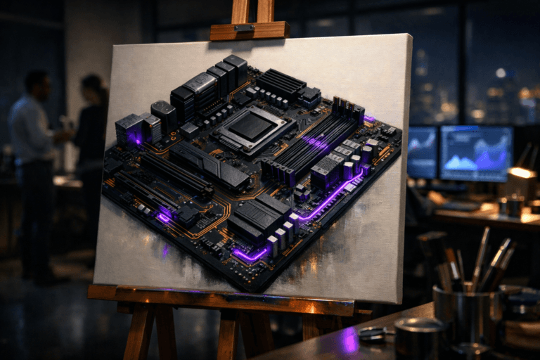 A photorealistic medium-wide cinematic shot, camera positioned approximately 1–2 meters from the subject, capturing a large white painter’s canvas on a sturdy wooden easel as the hero object, the canvas filled edge to edge with a hyper-detailed, hand-painted motherboard seen from a 3D isometric angle, with finely rendered copper traces, sleek dark PCB surfaces and subtle electric-purple (#7B63FF) circuitry accents glowing gently along selected paths, clearly readable within a realistic environment. The object integrates subtle electric-purple accents indicating intelligence or activity without overpowering realism, with soft reflections of the purple glow on the easel wood and nearby metal tools. Set in a dimly lit, premium digital marketing and SEO analytics studio at night, a tech-noir environment with floor-to-ceiling glass windows revealing a blurred futuristic city skyline, cool neutral walls, a minimalist desk with multiple large monitors showing abstracted graphs and dashboards (no legible text), and a few diverse professionals in smart-casual attire in the background, candidly discussing data while standing or seated, softly out of focus so the motherboard painting remains the clear focal point. Lighting is low-key and practical, coming from desk lamps, monitor glow and a distant window, complemented by a soft integrated white spotlight from above and slightly to the side of the canvas, gently revealing the texture of the painted motherboard, the grain of the wooden easel and subtle reflections on copper lines, creating depth and contrast without harsh shadows. Cinematic realism, natural shallow-to-medium depth of field, premium materials, ultra-detailed, 8K, no captions, no text overlays, no watermarks.