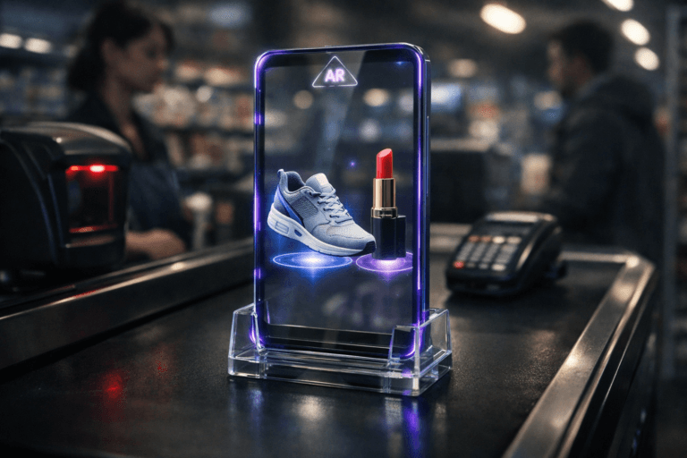 A photorealistic medium-wide cinematic shot, camera positioned approximately 1–2 meters from the subject, capturing a sleek glass-and-metal tabletop augmented reality display shaped like an upright smartphone, resting in a clear acrylic dock on a supermarket checkout counter, its transparent screen projecting a realistic 3D sneaker and lipstick hovering above the black conveyor belt, with minimal floating interface icons and a subtle generic AR symbol clearly representing Augmented Reality Marketing within a realistic environment. The object integrates subtle electric-purple (#7B63FF) accents along its edges, light traces around the holographic products, and soft UI glows indicating intelligence or activity without overpowering realism. Set in a late-night Tech-Noir supermarket checkout lane, with a black conveyor belt, barcode scanner, payment terminal, and shelves of products softly blurred in the background, a cashier and a shopper visible in the periphery as natural, diverse human figures in candid, neutral postures. Lighting is low-key and practical, coming from overhead supermarket fixtures, the scanner, and the AR screen itself, complemented by a soft integrated white spotlight from above and slightly to the side, gently revealing form, texture, and depth on the device, the conveyor belt, and nearby objects. Cinematic realism, natural depth of field, premium materials, ultra-detailed, 8K, neutral corporate color palette with restrained neon purple accents, no text overlays, no real-world brand logos, no watermarks.