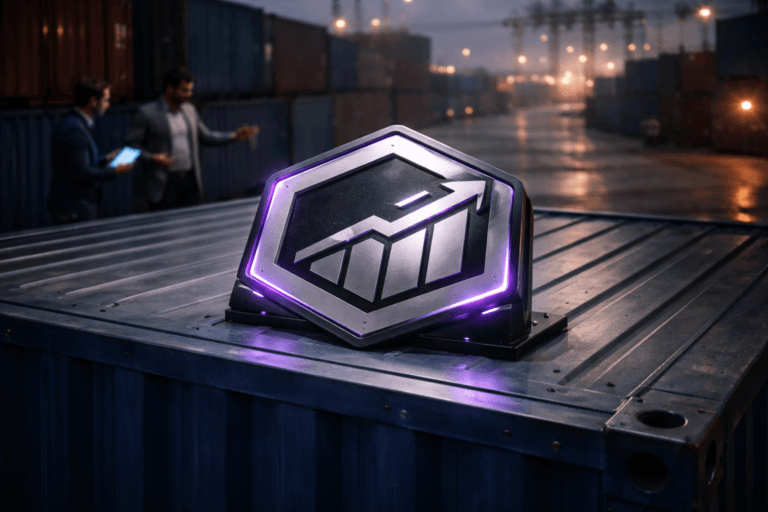 A photorealistic medium-wide cinematic shot, camera positioned approximately 1–2 meters from the subject, capturing a physically mounted 3D isometric ROAS brand logo badge as the refined real-world hero object — a solid metal sign (brushed aluminum base, matte-black insets) with a raised isometric geometry and integrated edge LED illumination in Electric Purple #7B63FF, mounted flush on the flat top of a corrugated shipping container (choose rich industrial red or deep cobalt blue) so the logo is clearly readable at human scale. The object integrates subtle electric-purple accents indicating intelligence or activity via thin seam lighting and tiny status LEDs, without overpowering realism. Set in an optimized real-world Tech-Noir environment: an industrial container yard at dusk with damp, rain-wet metal surfaces, low atmospheric haze, distant gantry cranes and amber yard lights, concrete and stacked containers creating believable depth. Natural human presence in the background/periphery: two diverse professionals in business-casual attire (one checking a tablet with a lit dashboard screen, one gesturing toward the container) posed candidly with neutral expressions, clearly secondary to the logo. Lighting is low-key and practical — warm yard lamps, cool screen glow, subtle purple edge light on the badge, complemented by a soft integrated white spotlight from above or the side that gently reveals form, texture, and depth on the metal, corrugation, and hands. Camera & framing: medium-wide composition, 35mm photographic look, camera ~1.2–1.8 meters from logo, shallow-to-medium depth of field with sharp focus on the 3D badge and natural bokeh in the background. Color palette: neutral corporate tones (charcoal, steel, muted blues) with restrained neon accents and the primary accent Electric Purple #7B63FF. Materials and detail: ultra-detailed metal texture, precise seams, subtle scratches and fingerprints, realistic welds and mounting hardware, soft reflections on wet paint. Level of realism: cinematic photographic realism with subtle Tech-Noir influence, premium production values, natural skin tones, realistic fabric textures. Constraints: no text overlays, no captions, no watermarks, no floating or exaggerated glowing logos, logo placement and lighting must be physically plausible and integrated into the container surface. Cinematic realism, natural depth of field, premium materials, ultra-detailed, 8K.