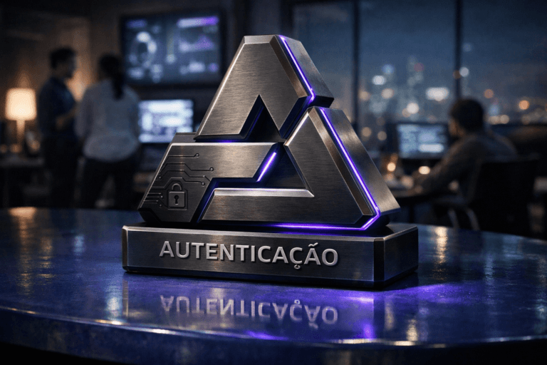 A photorealistic medium-wide cinematic shot, camera positioned approximately 1–2 meters from the subject with a 35mm lens look, capturing a solid 3D isometric sculpture of the Autenticação brand logo as the hero object, modeled as a premium brushed dark-metal form with glossy beveled edges, resting realistically on a cobalt-blue vitrified ceramic tabletop; the official Autenticação logo is clearly visible and crisply embossed on the front face of the object, with subtle circuit-like engravings and a small digital padlock icon etched into the metallic surface to suggest modern authentication and security, while thin electric-purple (#7B63FF) accent light gently traces the logo’s contours and reflects softly on the ceramic glaze without appearing neon or overpowering. The object integrates subtle electric-purple accents indicating intelligence or activity without overpowering realism. Set in a contemporary tech-noir corporate analytics room at night, with a glass-wall view of a softly glowing city skyline, out-of-focus wall-mounted dashboards and monitors displaying abstract authentication metrics, and a small, diverse group of realistic professionals in business-casual attire collaborating around screens in the background and periphery, their faces lit by monitor glow but kept secondary to the logo sculpture. Lighting is low-key and practical, coming from computer screens, a distant floor lamp, and faint city light, complemented by a soft integrated white spotlight from above and slightly to the side that gently reveals the form, texture, and depth of the metal logo and glossy cobalt ceramic surface, creating controlled reflections and a natural, shallow-to-medium depth of field. Cinematic realism, neutral corporate tones with restrained electric-purple and cool-blue accents, premium materials, ultra-detailed, 8K, no captions, no text overlays, no floating elements, no watermarks.
