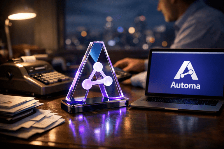 A photorealistic medium-wide cinematic shot, camera positioned approximately 1–2 meters from the subject, capturing a solid 3D isometric glass-and-metal desktop sculpture of the Automa logo standing upright on a tidy accountant’s desk, the official Automa logo also clearly visible on a nearby laptop browser window, both logos sharp and readable within a realistic environment. The object integrates subtle electric-purple (#7B63FF) edge glows and reflections along its contours and base, suggesting intelligent automation without overpowering realism. Set in a late-evening accountant’s office, a grounded tech-noir workspace with a wooden accounting desk, an old vintage mechanical calculator placed beside the Automa logo sculpture, neatly stacked financial papers, receipts, a sleek laptop, and a faint city skyline with scattered neon lights visible through a window; with natural human presence in the background, a professional accountant slightly out of focus, seated at the desk, hands reaching toward the calculator or laptop. Lighting is low-key and practical, coming from a desk lamp, the laptop screen, and cool ambient city light, complemented by a soft integrated white spotlight from above and slightly to the side, gently revealing form, texture, and depth on the Automa logo sculpture, calculator, and desk surface. Cinematic realism, natural shallow-to-medium depth of field, premium materials, ultra-detailed, clean composition, no captions, no text overlays, no watermarks, 8K.