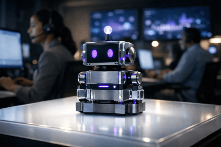 A photorealistic medium-wide cinematic shot, camera positioned approximately 1–2 meters from the subject, capturing a small tabletop conversational robot built from premium modular acrylic and brushed metal blocks with a softly glowing antenna and subtle interface details, clearly readable as the hero object resting on a luminous designer light table that glows from below, evoking intelligent omnichannel customer service automation within a realistic environment. The object integrates subtle electric-purple accents (#7B63FF) indicating intelligence or activity without overpowering realism. Set in a dim, high-end tech operations studio / contact center at night, with the glowing light table and distant wall-mounted screens showing abstract data visualizations casting reflections around the room, and a few out-of-focus, diverse customer support professionals working at their computers in the background and periphery, suggesting a hybrid human + AI workflow. Lighting is low-key and practical, coming from monitors, the light table, and a few overhead fixtures, complemented by a soft integrated white spotlight from above or the side, gently revealing form, texture, and depth. Cinematic realism, natural depth of field, premium materials, ultra-detailed, 8K, no text, no captions, no watermarks.