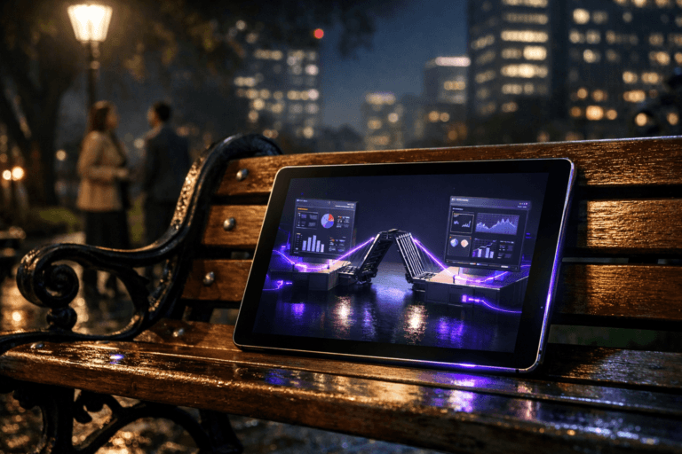 A photorealistic medium-wide cinematic shot, camera positioned approximately 1–2 meters from the subject, capturing a sleek tablet computer resting on a classic wooden-and-cast-iron park bench as the hero object, its high-resolution screen displaying a refined 3D isometric visualization of a drawbridge being lowered to connect two illuminated analytics dashboards, clearly symbolizing connected content automation workflows and easily readable within a realistic environment. The object integrates subtle electric-purple #7B63FF accents in the interface lines, data flows and glow reflections on the tablet’s metal frame, indicating intelligence and activity without overpowering realism. Set in a moody nighttime urban park with the bench under a modern streetlamp, wet stone pavement reflecting city lights, a soft-focus skyline of office buildings and glass towers in the background hinting at late-night marketing operations, and a few diverse professionals in understated business-casual clothing moving or seated in the periphery, candid and secondary to the tablet. Lighting is low-key and practical from the streetlamp and distant building windows, complemented by a soft integrated white spotlight from the side that gently reveals the bench’s wood grain, the tablet’s premium materials and the miniature drawbridge visualization on-screen, with additional subtle screen glow on nearby metal details. Cinematic realism, natural shallow-to-medium depth of field with a 35mm–50mm photographic look, premium materials, ultra-detailed, 8K, neutral corporate tones with restrained electric-purple tech-noir accents, no captions, no text overlays, no watermarks.