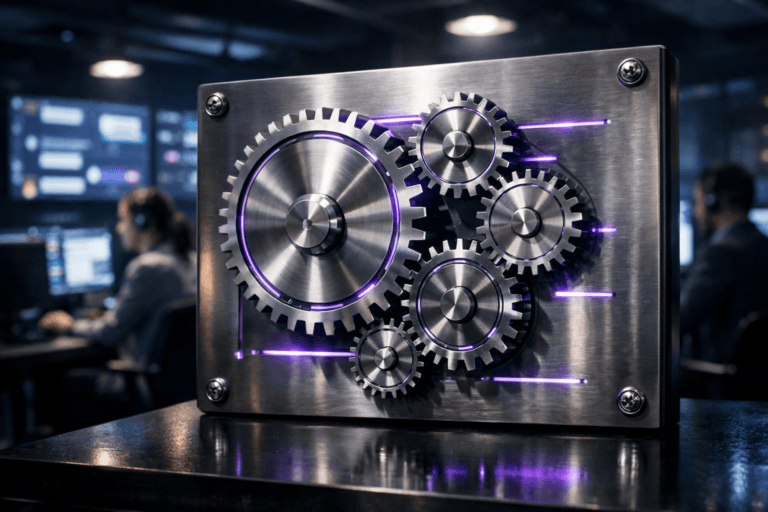 A photorealistic medium-wide cinematic shot, camera positioned approximately 1–2 meters from the subject, capturing a set of interlocking, polished metal gears of different sizes mounted on a brushed-steel panel with visible industrial screws at the corners, like a physical control board for an intelligent omnichannel conversation-automation system, clearly readable within a realistic environment. The object integrates subtle electric-purple accents indicating intelligence or activity without overpowering realism, with faint electric-purple light tracing along the edges of the gears and slim LED indicators embedded in the panel. Set in a dimly lit, modern contact-center operations room at night, with diverse customer-support agents in professional attire working at computer stations in the softly blurred background, large wall-mounted screens showing out-of-focus messaging dashboards and analytics reflecting off the metal surfaces, and subtle hints of multiple messaging channels through generic, non-legible chat interfaces. Lighting is low-key and practical, coming from monitor glow and a few overhead fixtures, complemented by a soft integrated white spotlight from above and slightly to the side, gently revealing form, metallic texture, and depth across the space. Cinematic realism, natural depth of field, Tech-Noir corporate aesthetic, neutral greys and deep blues with restrained electric-purple accents, premium materials, ultra-detailed, 8K, no captions, no readable on-screen text, no watermarks.