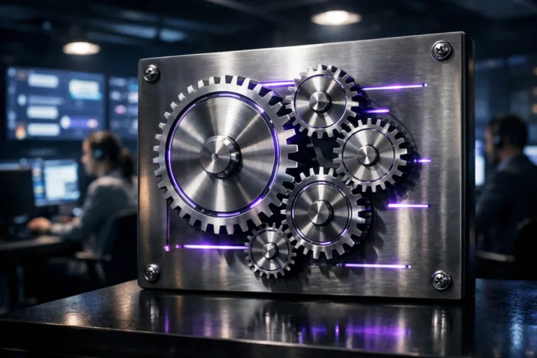 A photorealistic medium-wide cinematic shot, camera positioned approximately 1–2 meters from the subject, capturing a set of interlocking, polished metal gears of different sizes mounted on a brushed-steel panel with visible industrial screws at the corners, like a physical control board for an intelligent omnichannel conversation-automation system, clearly readable within a realistic environment. The object integrates subtle electric-purple accents indicating intelligence or activity without overpowering realism, with faint electric-purple light tracing along the edges of the gears and slim LED indicators embedded in the panel. Set in a dimly lit, modern contact-center operations room at night, with diverse customer-support agents in professional attire working at computer stations in the softly blurred background, large wall-mounted screens showing out-of-focus messaging dashboards and analytics reflecting off the metal surfaces, and subtle hints of multiple messaging channels through generic, non-legible chat interfaces. Lighting is low-key and practical, coming from monitor glow and a few overhead fixtures, complemented by a soft integrated white spotlight from above and slightly to the side, gently revealing form, metallic texture, and depth across the space. Cinematic realism, natural depth of field, Tech-Noir corporate aesthetic, neutral greys and deep blues with restrained electric-purple accents, premium materials, ultra-detailed, 8K, no captions, no readable on-screen text, no watermarks.