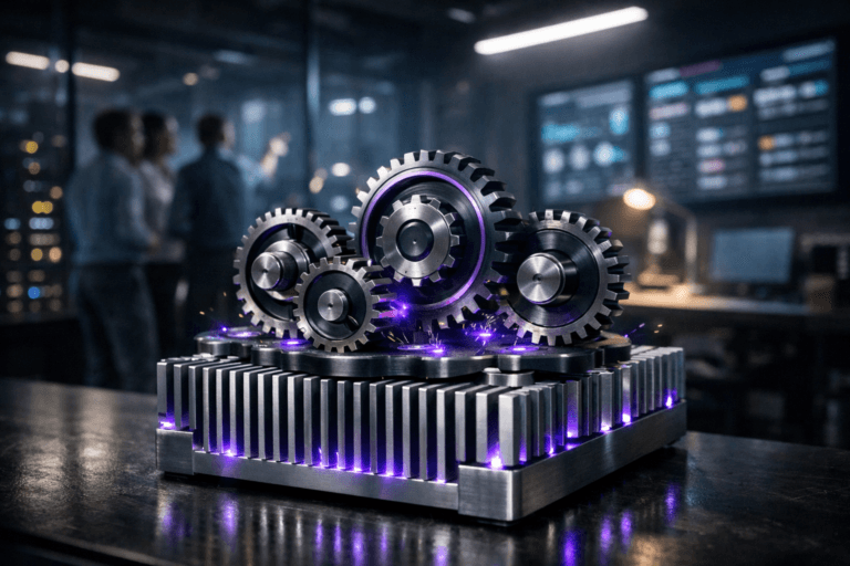 A photorealistic medium-wide cinematic shot, camera positioned approximately 1–2 meters from the subject, capturing a refined hero object of several interlocking metallic gears in different sizes, precision-machined in steel and dark anodized metal, subtly color-accented and rotating in perfect sync atop a real aluminum heatsink block with tall fins, faint electric-purple #7B63FF energy-like glows and tiny sparks shimmering in the gaps between the gears to suggest intelligent automation, all clearly readable within a realistic environment. The object integrates subtle electric-purple accents along the gear edges and between the heatsink fins indicating intelligence or activity without overpowering realism. Set in a modern tech operations room at night, a real-world Tech-Noir environment with a long workstation, server racks and glass walls in the background, large wall-mounted dashboards and kanban-style digital boards glowing on screens, a small diverse group of professionals in business-casual attire softly out of focus as they collaborate and gesture toward the monitors, adding natural human presence in the periphery. Lighting is low-key and practical, coming from the monitors, overhead linear LED strips and a nearby desk lamp, complemented by a soft integrated white spotlight from above and slightly to the side that gently reveals the form, brushed metal textures and depth of the gears and heatsink, with reflections and subtle shadows across the aluminum fins. Cinematic realism, natural shallow-to-medium depth of field focusing on the gears and heatsink, neutral corporate tones with restrained electric-purple and cool cyan neon accents, premium materials, ultra-detailed, 8K, no captions, no text overlays, no watermarks.