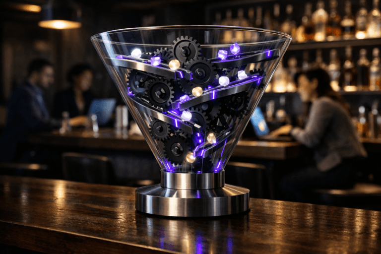 A photorealistic medium-wide cinematic shot, camera positioned approximately 1–2 meters from the subject, capturing a sleek, real-world kinetic sculpture of an advanced automated marketing funnel as the hero object: a transparent glass-and-brushed-metal funnel sitting on a polished dark wooden bar counter, filled with interlocking matte-black and steel gears and small illuminated acrylic tokens slowly flowing through guided channels to represent customer journeys, with subtle electric-purple #7B63FF light accents tracing along the edges of the mechanisms and within a few components, clearly readable within a realistic environment. The object integrates subtle electric-purple accents indicating intelligence or activity without overpowering realism. Set in a moody contemporary cocktail bar that doubles as a Tech-Noir mission-control hub, with the dark wood bar surface in the foreground, softly lit bottles and minimalist bar tools on the back counter, and a few diverse professionals in smart-casual attire in the background collaborating over laptops and tablets at high stools, their screens casting a faint neon glow, all slightly out of focus so the funnel sculpture remains the dominant focal point. Lighting is low-key and practical, coming from warm overhead pendant lamps, under-bar strip lights, and nearby device screens, complemented by a soft integrated white spotlight from above and slightly to the side, gently revealing the form, glass reflections, metal textures, and depth of the funnel and gears while maintaining deep shadows and a restrained neon ambiance. Cinematic photographic realism, natural shallow-to-medium depth of field, neutral corporate tones with controlled electric-purple accents, premium materials, ultra-detailed, 8K, no captions, no text overlays, no watermarks.