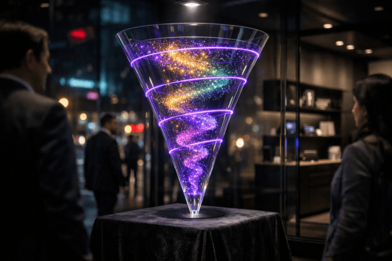 A photorealistic medium-wide cinematic shot, camera positioned approximately 1–2 meters from the subject, capturing a tall translucent glass funnel-shaped sculpture on a sleek dark velvet-covered pedestal inside a store display, the funnel filled with softly glowing multicolored particles frozen in a smooth downward spiral to evoke an intelligent marketing data funnel, with subtle electric-purple #7B63FF light tracing the spiral and clean segmented layers, clearly readable within a realistic environment. The object integrates subtle electric-purple accents indicating intelligence or activity without overpowering realism. Set in a high-end tech-oriented storefront at night, the display positioned near a large street-facing window with faint neon reflections on the glass, minimalist dark shelving and discreet devices in the background, and a few diverse, professionally dressed people passing by or pausing to observe the installation in soft focus at the edges of the frame. Lighting is low-key and practical, coming from the display spotlights, ambient streetlights and interior ceiling fixtures, complemented by a soft integrated white spotlight from above, gently revealing the glass texture, internal particles, velvet pedestal and surrounding reflections with rich contrast and controlled shadows. Cinematic realism, natural shallow-to-medium depth of field, 35mm lens look, neutral corporate tones with restrained neon purple accents, premium materials, ultra-detailed, 8K, no text, no watermarks.