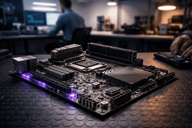 A photorealistic medium-wide cinematic shot, camera positioned approximately 1–2 meters from the subject, capturing a full-size, physically plausible high-end motherboard assembly (populated PCB) as the refined real-world hero object — clearly readable components from 1–2 meters: visible copper traces, CPU socket with low-profile heatsink, two DIMM slots with one populated module, chipset heatsink, power phases, PCIe connector, SATA ports and plated connectors; select copper traces and edge LEDs subtly illuminated with electric purple (#7B63FF) to indicate intelligence/activity without appearing unnatural. The object sits on a black anti-slip rubber coin-pattern work surface (industrial lab floor texture visible beneath and around the board), placed in a modern corporate electronics R&D bench / automation lab environment with a minimalist soft-gradient backdrop. Natural human presence is present but secondary: a blurred engineer in business-casual attire at a workstation in the background and a pair of hands at the edge of the frame adjusting a toolkit, all faces unidentifiable. Lighting is low-key and practical — a cool-toned monitor glow from one side, a warm desk lamp on the other, and a soft integrated white spotlight from above slightly angled to reveal form, texture, and depth; subtle purple rim light reflects off metal heatsinks and solder joints. Camera: 35mm cinematic look, medium-wide framing, slight low angle, shallow-to-medium depth of field (board sharply in focus, background softly defocused), premium materials and ultra-detailed surface textures (matte PCB, glossy solder, brushed aluminum heatsinks, polymer capacitors), realistic scale and tangible weight. Cinematic realism, natural bokeh, photorealistic render quality, ultra-detailed, 8K. No captions, no text overlays, no watermarks.