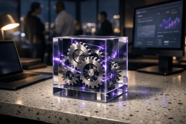 A photorealistic medium-wide cinematic shot, camera positioned approximately 1–2 meters from the subject, capturing as the hero object a sleek, polished cluster of interlocking brushed-metal gears embedded inside a clear acrylic cube, subtly illuminated from within by faint electric-purple #7B63FF light trails that suggest data and automated workflow, resting on a pristine white terrazzo (granilite) desktop with small colorful stone chips clearly visible. The cube and gears are sharply in focus in the foreground, with premium, tactile materials and fine machining details, surrounded by a few other understated tech objects like a slim laptop and a modern monitor showing softly blurred analytics dashboards, all kept secondary to the gears. Set in a contemporary Tech-Noir corporate control room at night in a high-rise office, with large windows hinting at a softly glowing city skyline and neon reflections, while a diverse group of professionals in business-casual attire move and collaborate naturally in the background, out of focus, reinforcing the idea of real teams orchestrating automated processes. Lighting is low-key and practical, coming from the laptop screen, a nearby desk lamp, and ambient overhead fixtures, complemented by a soft integrated white spotlight from the side that gently sculpts the acrylic cube, gears, and terrazzo texture, adding depth and subtle reflections without harsh glare. The color palette is neutral and corporate—charcoal, soft grays, warm skin tones—with restrained electric-purple accents on reflections and interface glows that indicate intelligence and activity without overpowering realism. Cinematic realism, 35mm–50mm lens look, natural shallow-to-medium depth of field, ultra-detailed, 8K, no captions, no text overlays, no watermarks.