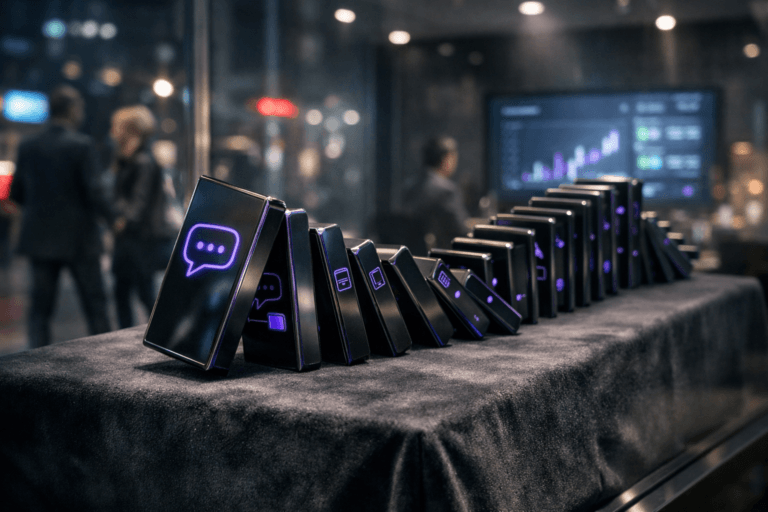 A photorealistic medium-wide cinematic shot, camera positioned approximately 1–2 meters from the subject, capturing a meticulously arranged sequence of glossy black domino pieces forming a complex cascading path, each domino precision-crafted like a premium tech sculpture with subtle 3D isometric-style engraved icons of chat bubbles, posts, graphs and workflow nodes to symbolize social media automation, the foremost domino slightly tilted as if in motion, all showcased as a high-end centerpiece on a dark charcoal velvet pedestal inside a modern storefront display; the domino edges and key engraved icons feature refined, subtle electric-purple #7B63FF accents indicating intelligence and activity without overpowering realism. Set in a nighttime Tech-Noir city retail environment seen through and around the glass shop window, with soft reflections of a busy urban street, blurred silhouettes of professionals walking past, faint interior reflections of a large digital dashboard screen deeper in the store, cool neutral corporate tones mixed with restrained neon highlights and ambient streetlights. The object integrates subtle electric-purple accents indicating intelligence or activity without overpowering realism. With natural human presence in the background or periphery, a couple of passersby and a marketer faintly visible inside the store, all softly out of focus. Lighting is low-key and practical, coming from ceiling spotlights, the glow of interior display lighting and muted street neons, complemented by a soft integrated white spotlight from above and slightly to the side, gently revealing the form, texture and depth of the domino sculpture and velvet pedestal, with realistic reflections on the glass. Cinematic realism, 35mm lens look, natural shallow-to-medium depth of field, premium materials, ultra-detailed, 8K, no captions, no on-screen text, no watermarks.