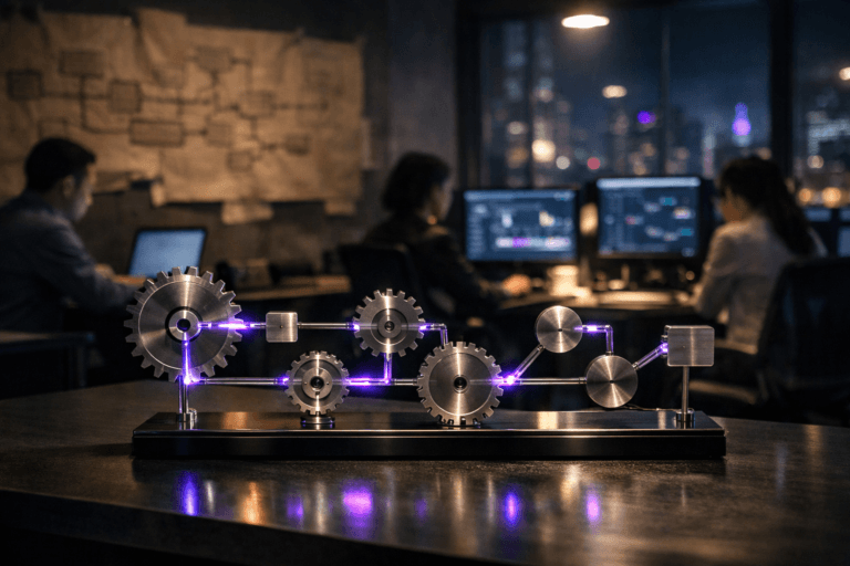 A photorealistic medium-wide cinematic shot, camera positioned approximately 1–2 meters from the subject, capturing a sleek desk-sized brushed-metal and glass kinetic sculpture of interconnected gears and nodes arranged like a digital workflow diagram, resting on a dark modern office table with a few softly blurred monitors and laptops hinting at automation dashboards, clearly readable within a realistic environment. The object integrates subtle electric-purple #7B63FF accents pulsing along the gear connections to indicate intelligence and activity without overpowering realism. Set in a contemporary corporate operations room at night with a refined Tech-Noir atmosphere, walls partially covered with unrolled kraft paper sheets taped up as process maps, gently crinkled and smoothed in places, and large windows revealing a moody city skyline with cool blue and purple neon reflections; diverse professionals in business-casual attire work at computer stations in the softly blurred background and periphery, their faces lit by screen glow, suggesting a busy yet controlled digital production line. Lighting is low-key and practical, coming from desk lamps, monitors, and city light spill, complemented by a soft integrated white spotlight from above and slightly to the side, gently revealing the form, metallic texture, and glass reflections of the workflow sculpture with natural shadows and depth. Cinematic realism, natural shallow-to-medium depth of field, neutral corporate color palette with restrained neon purple accents, premium materials, ultra-detailed, 8K, no captions, no text overlays, no watermarks.