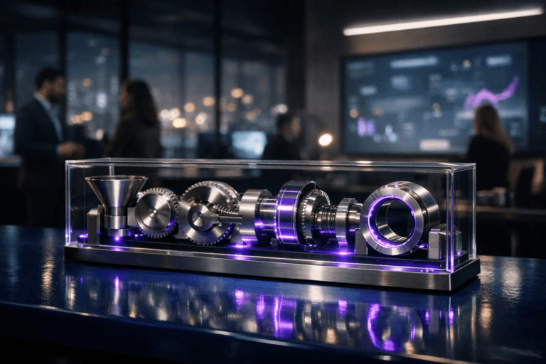 A photorealistic medium-wide cinematic shot, camera positioned approximately 1–2 meters from the subject, capturing a refined real-world hero object that represents advanced 2025 sales automation and CRM workflows: a sleek, premium desk sculpture made of multiple interlocking brushed-metal and glass gears working in sequence, arranged in a linear pipeline inside a low, transparent acrylic housing, resting on a glossy cobalt-blue glazed ceramic tabletop. The object integrates subtle electric-purple (#7B63FF) accents indicating intelligence and continuous activity, such as delicate internal edge lighting between the gears and faint purple reflections on the acrylic, without overpowering realism. Set in a modern tech-noir sales operations office at night, with floor-to-ceiling windows revealing softly blurred city lights, dark matte furniture, and large wall-mounted screens showing abstract, de-focused analytics dashboards in cool neutrals with restrained neon highlights. In the background and periphery, a diverse group of realistic, well-dressed sales professionals move and collaborate naturally around workstations and glass-walled meeting spaces, slightly out of focus so the gear sculpture remains the clear focal point. Lighting is low-key and practical, coming from monitor glow, a distant ceiling light strip, and a soft integrated white spotlight from the side that grazes the gears and cobalt ceramic surface, gently revealing form, reflections, and fine texture while casting nuanced shadows. Cinematic realism, 35mm lens look, natural shallow-to-medium depth of field, premium materials, ultra-detailed, high dynamic range, 8K resolution, no captions, no on-screen text, no logos, no watermarks.